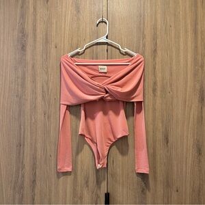 Khaite Cibo Pink Twist Front Off Shoulder Jersey Open Back Bodysuit Size XS